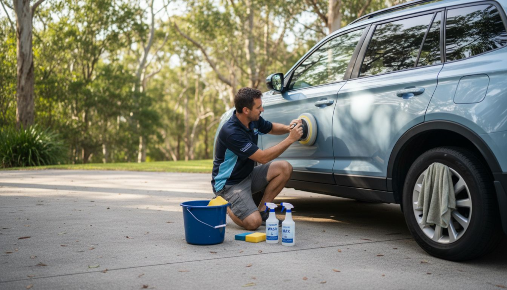 Mobile detailer polishes SUV in sunny driveway