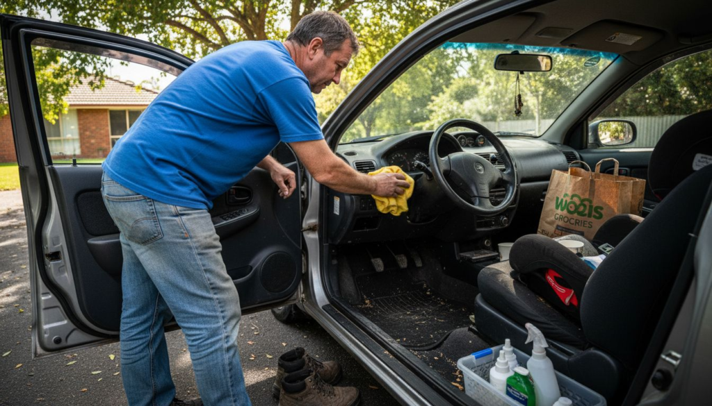 Person carefully cleaning car interior dashboard