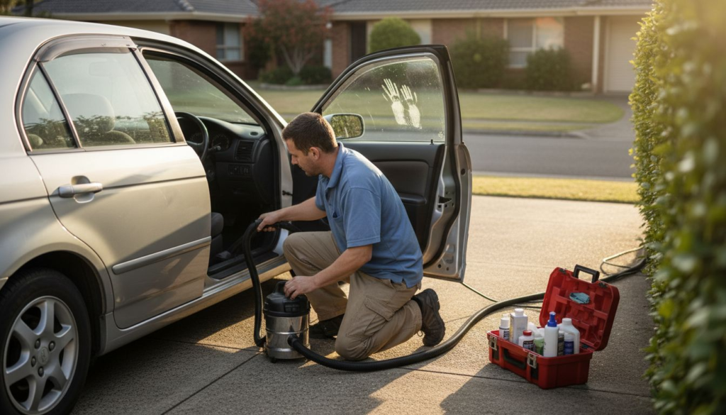 Mobile detailer cleaning car interior in driveway