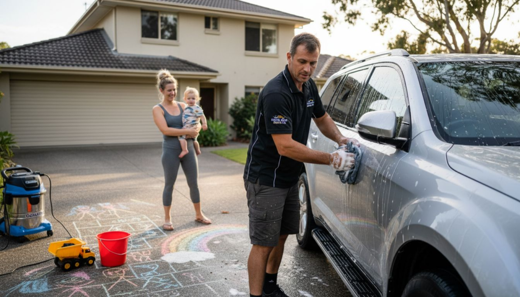 Mobile detailer cleaning family SUV in sunny driveway