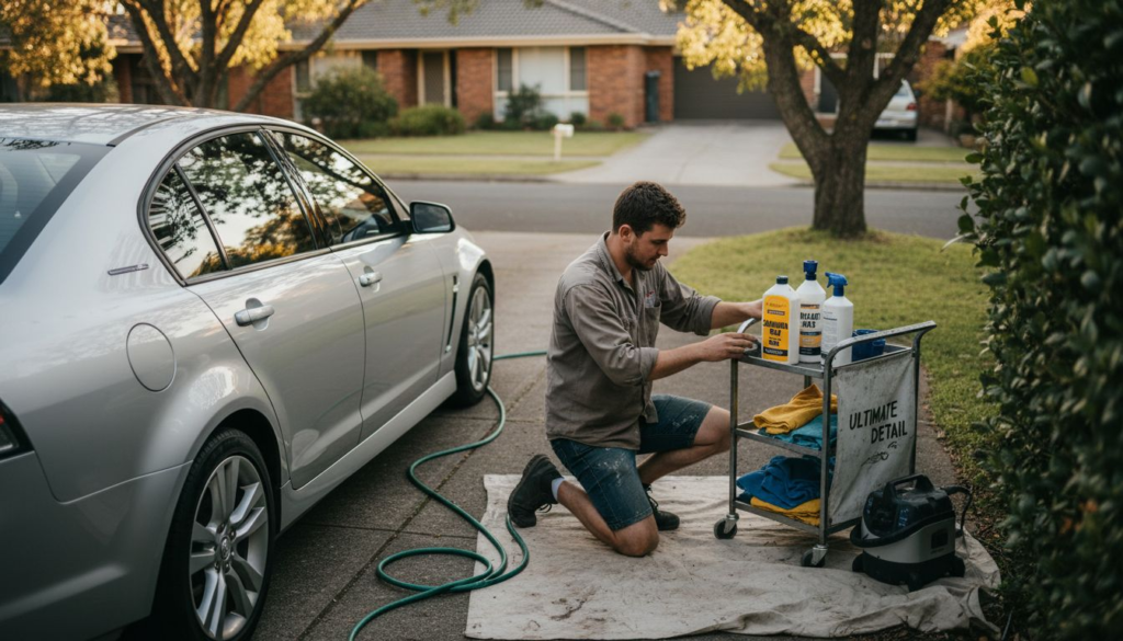 Car detailer organizing supplies in driveway