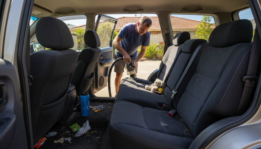 Dad vacuuming messy family car interior