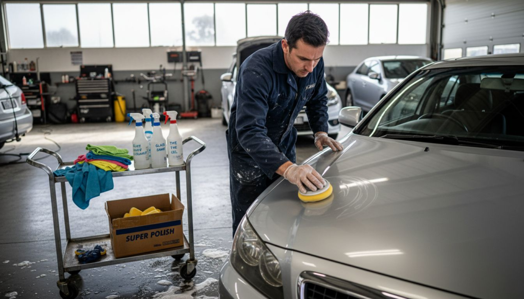 Auto detailer waxing car in sunny garage