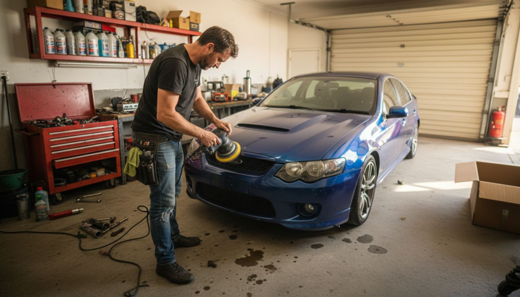 Car detailer polishing sports car in garage