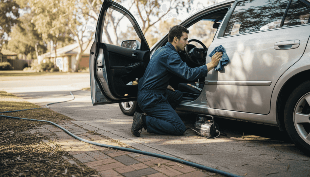 Detailer cleaning car interior and exterior