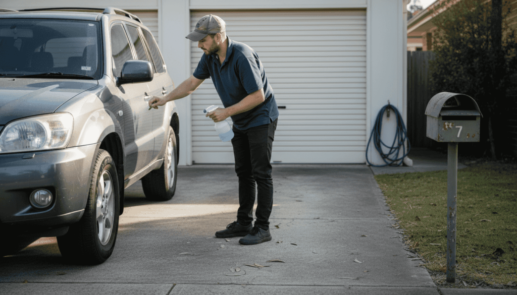 Detailer cleaning car in Aussie driveway