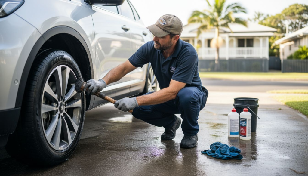 Auto detailer washing car in driveway