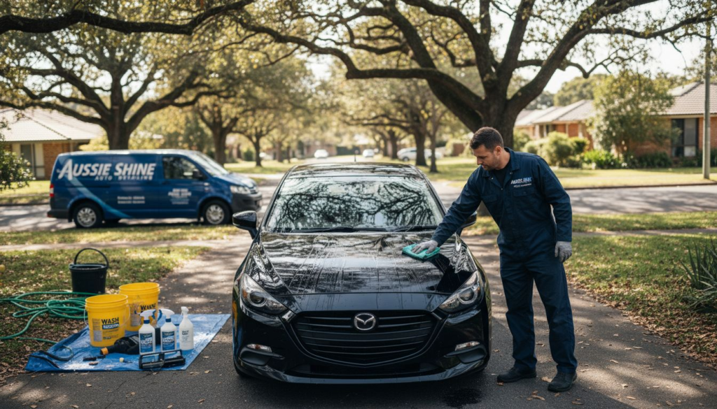 Mobile detailer cleaning car hood in driveway