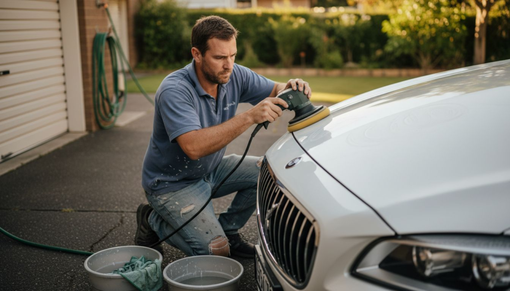 Car detailer buffing white sedan outdoors