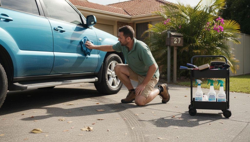 Mobile car detailer working in Australian driveway