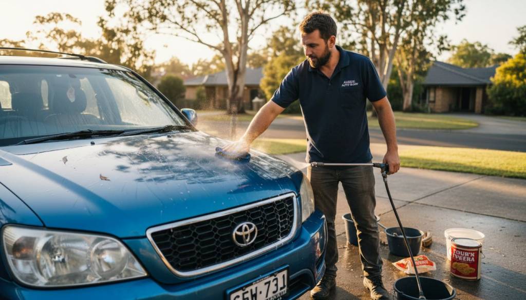 Auto detailer washing SUV in driveway