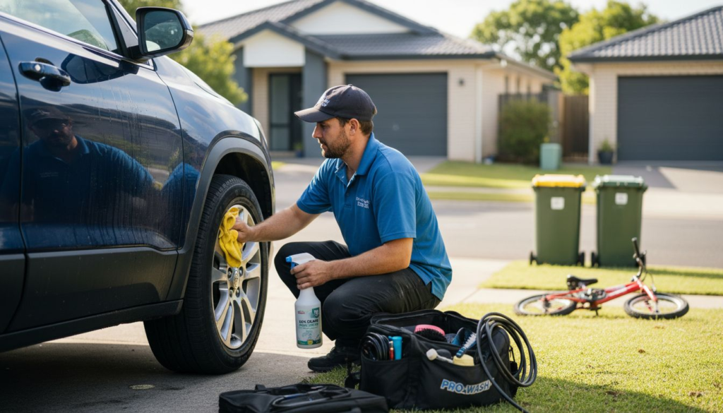 Mobile car detailer cleaning SUV in driveway
