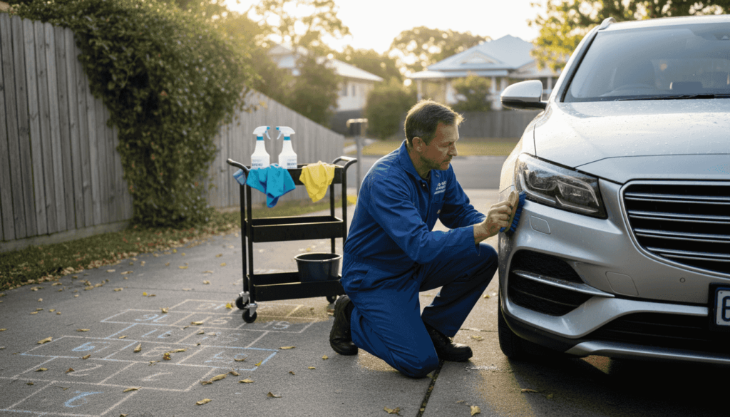 Detailer cleans SUV on suburban driveway
