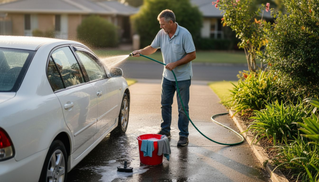 Man rinsing car to start detailing process