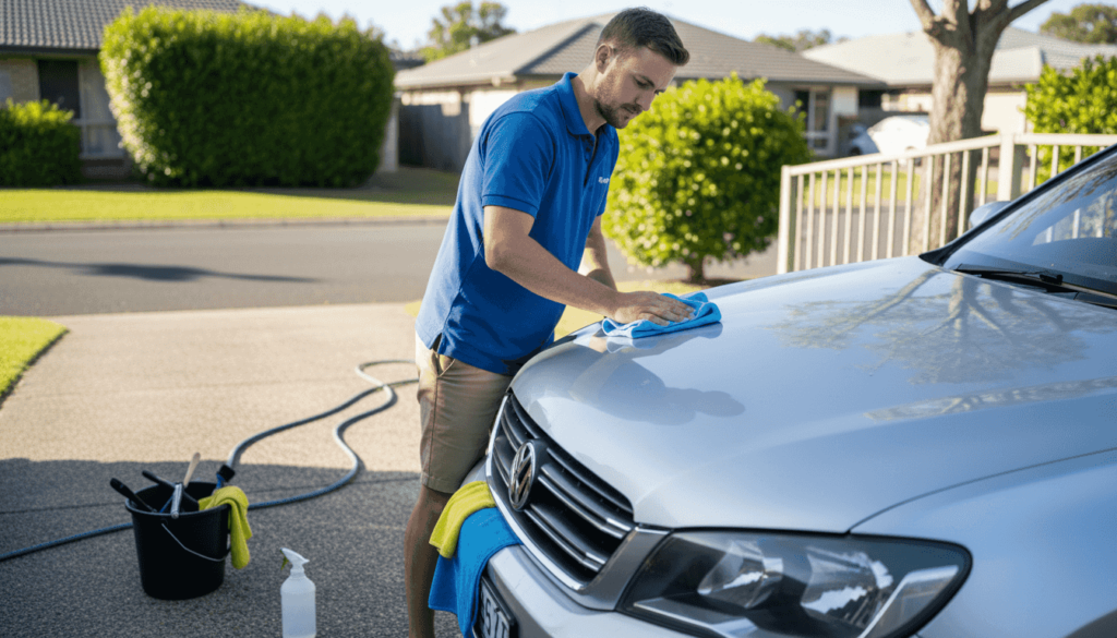 Auto detailer polishing car in sunshine