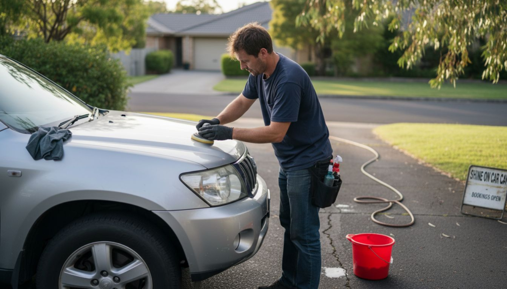 Detailer polishing car in driveway morning