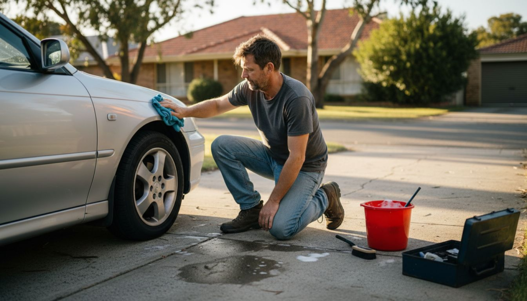 Man cleaning car exterior on driveway
