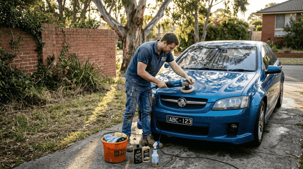 Car detailer buffing sedan on driveway