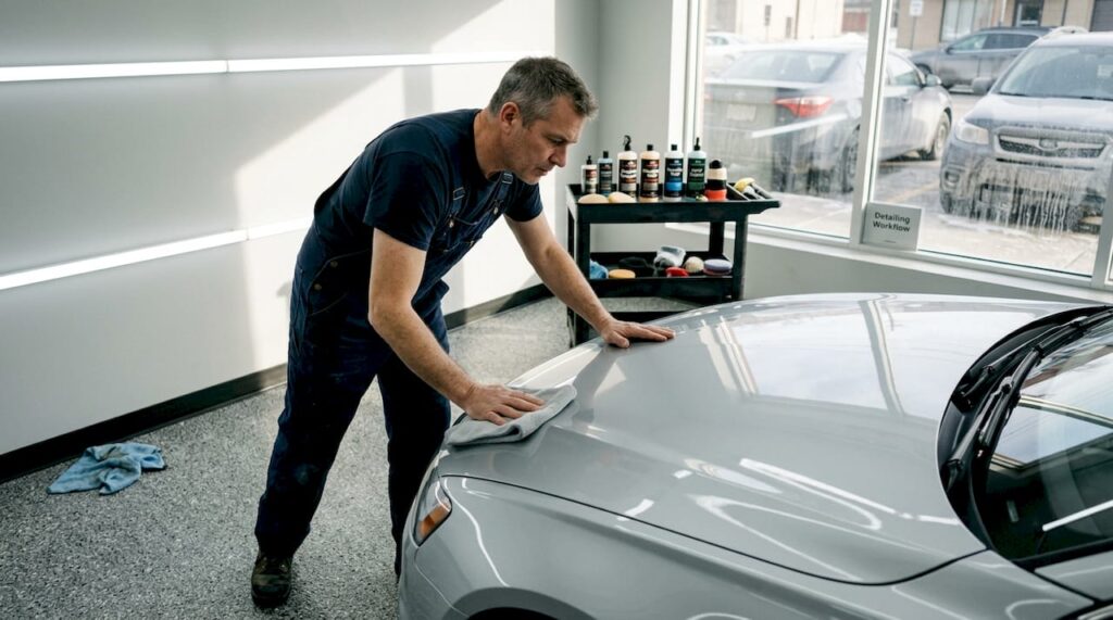 Detailer inspects spotless sedan in studio