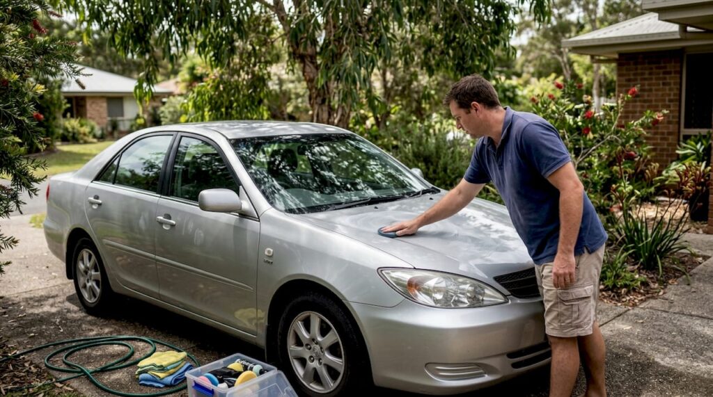 Person detailing silver car in shaded driveway