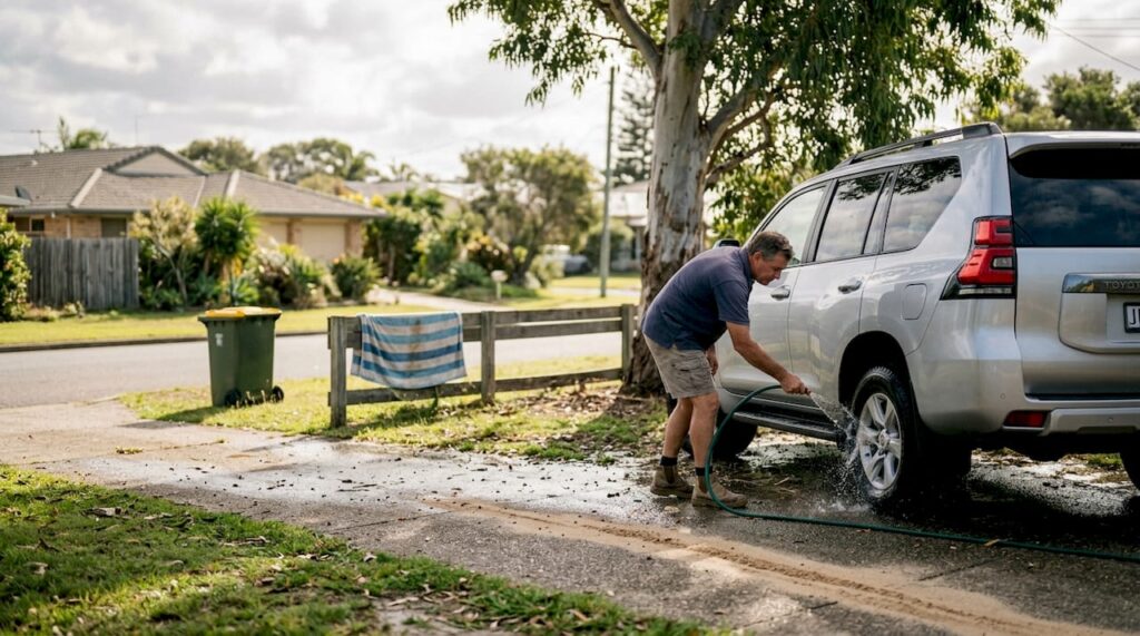 SUV rinsed underbody near Sunshine Coast curb