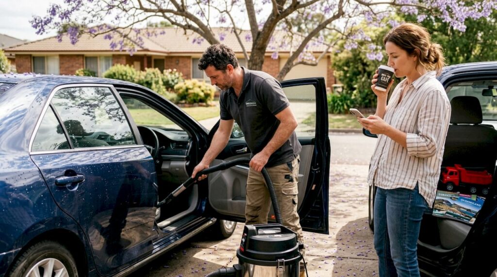 Detailer vacuuming car in residential driveway