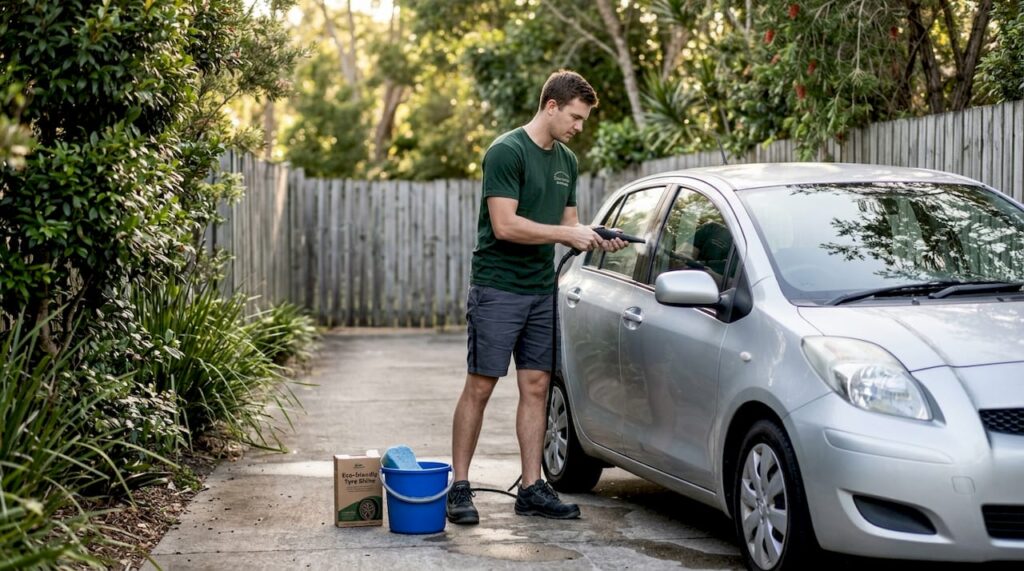 Detailer using steam cleaner on car exterior