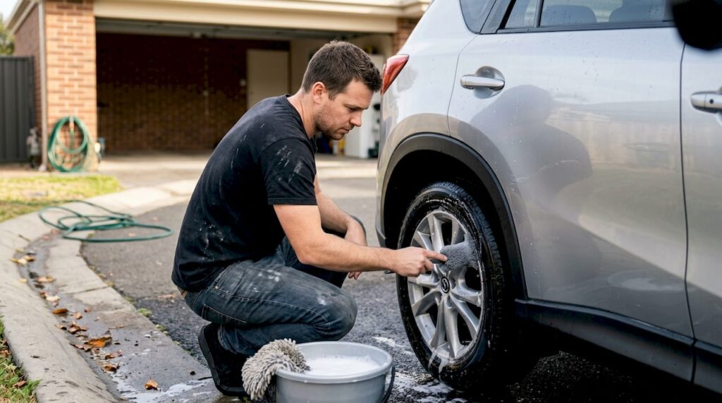 Detailer washing SUV wheels on driveway