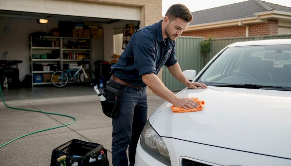 Car detailer cleaning sedan in driveway