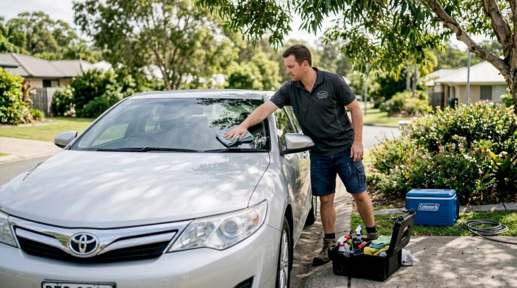 Mobile detailer working in Sunshine Coast driveway
