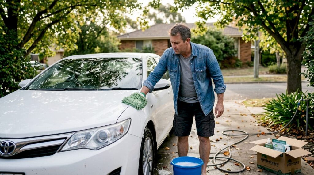 Eco-friendly car wash on suburban driveway