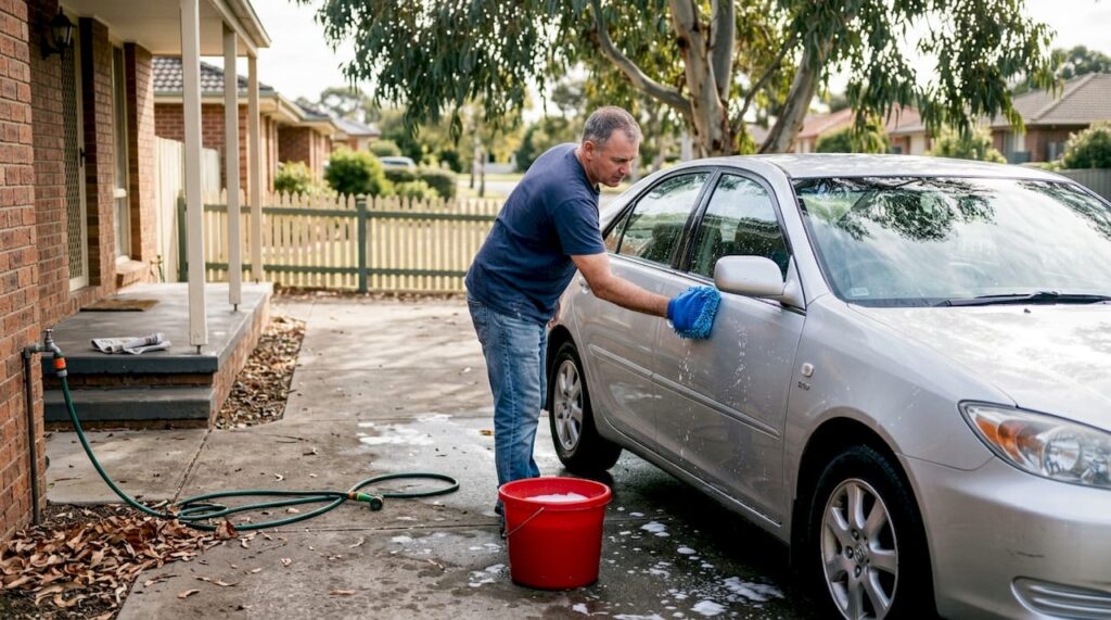 Man washing car exterior in driveway