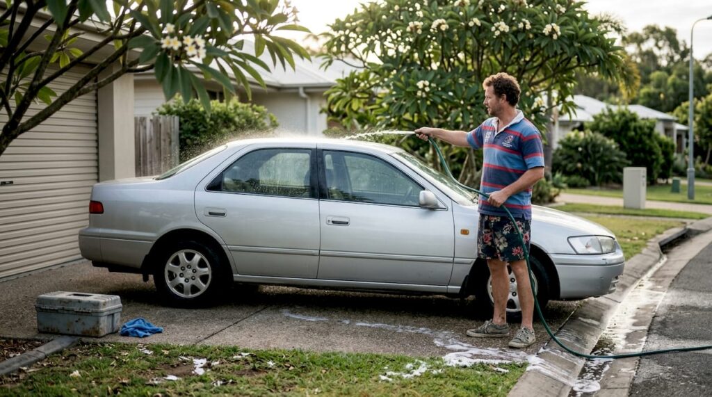 Man cleaning car in sunny driveway early morning