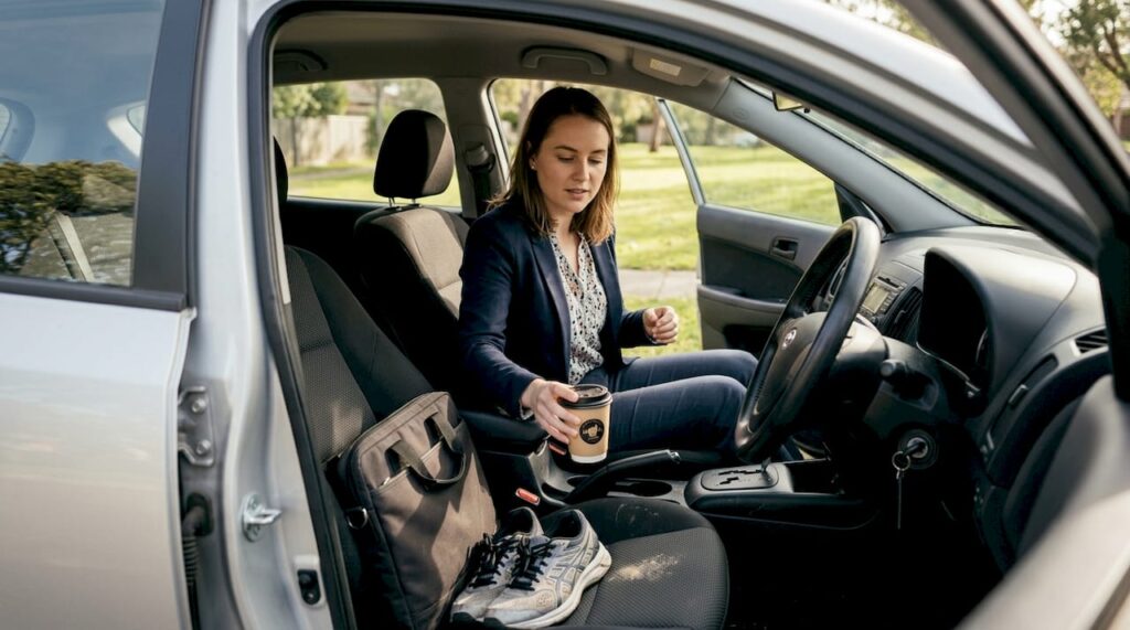 Woman interacting with everyday car interior