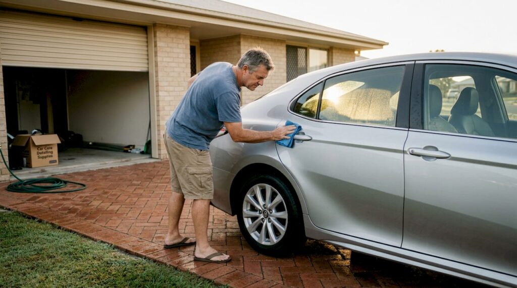 Man applying paint protection to car at home