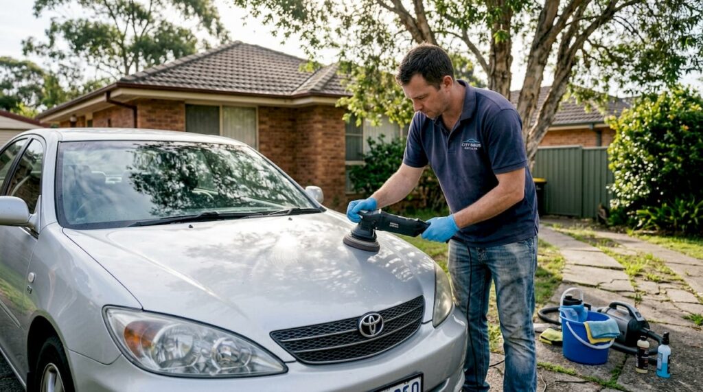 Car detailer polishing sedan in driveway