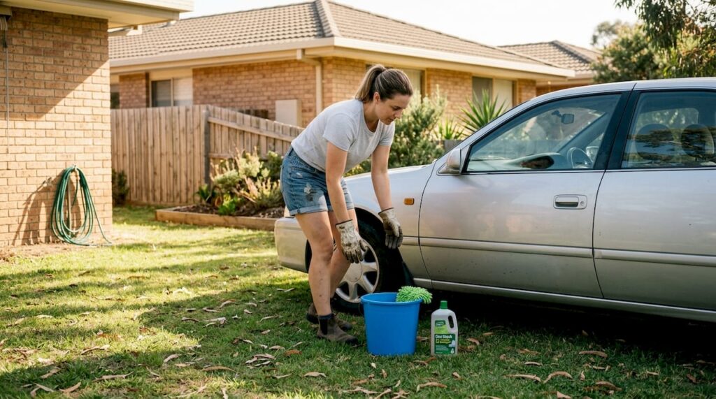 Eco car cleaning on lawn with bucket