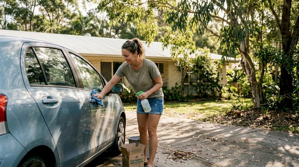 Woman cleaning car with eco-friendly methods