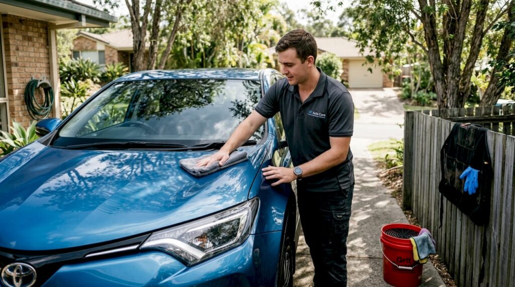 Auto detailer cleaning SUV paint under gum trees