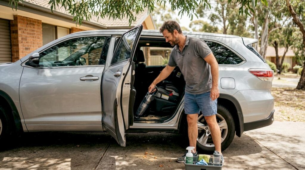 Person vacuuming messy car interior in sunlight