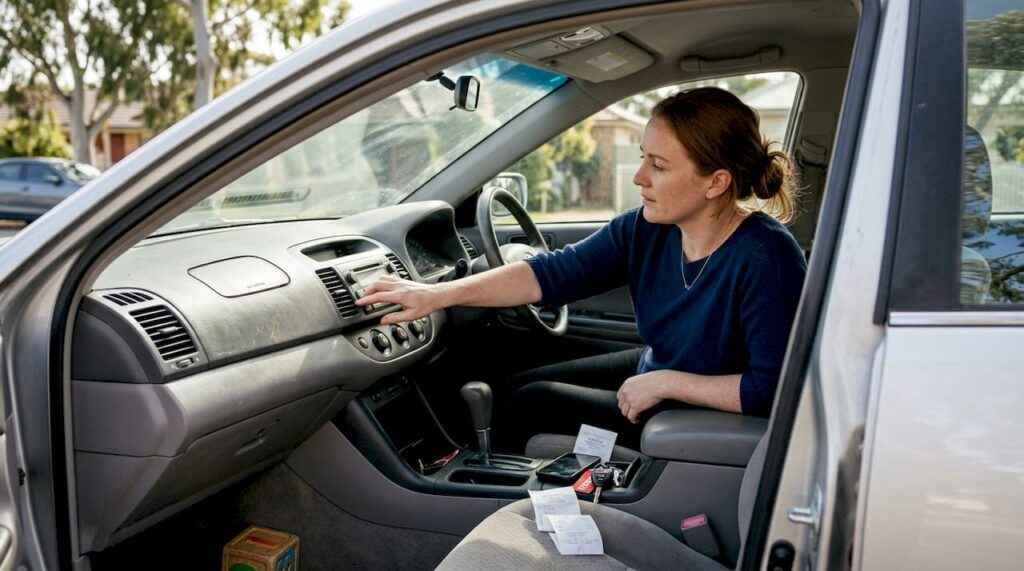 Woman adjusting vents in lived-in car interior