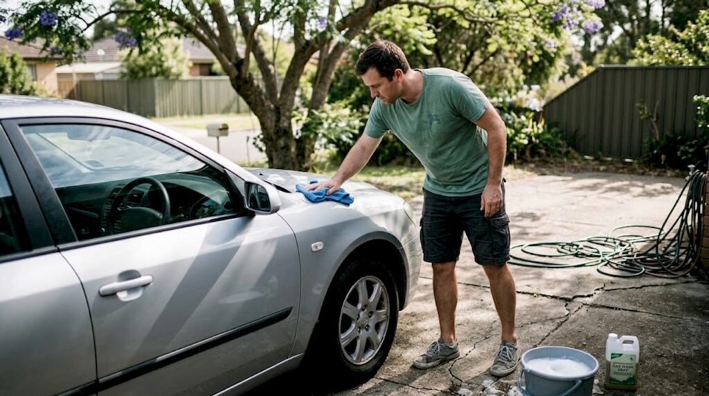 Man cleaning car with microfibre cloth at home