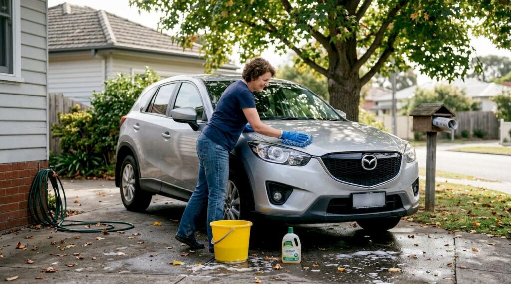 Woman washing SUV with eco-friendly products