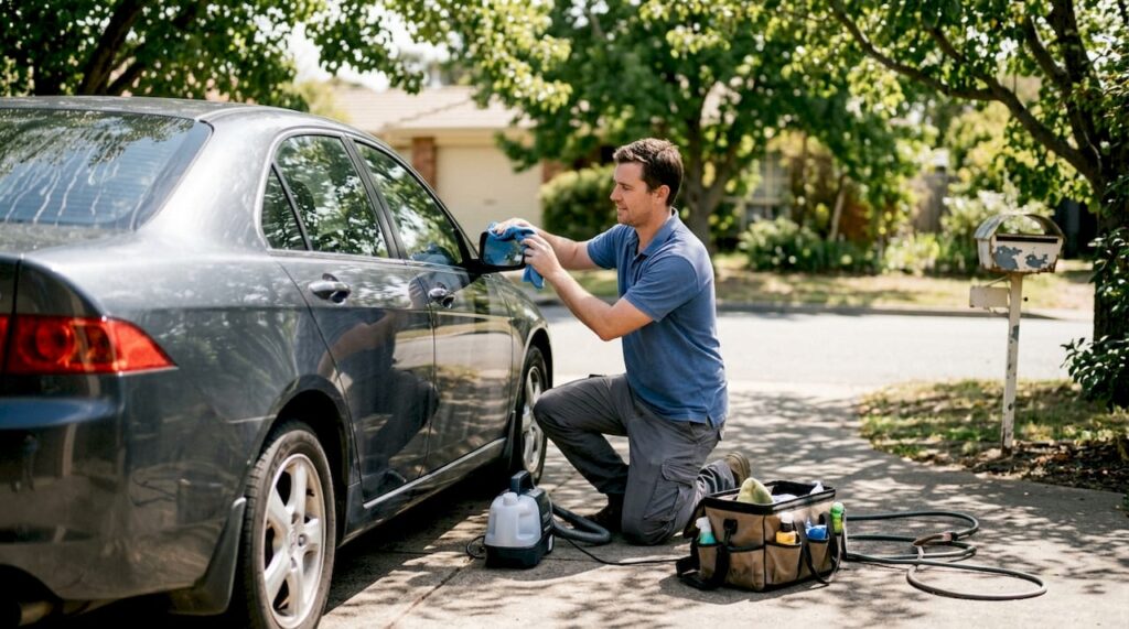 Mobile car detailer working at home driveway