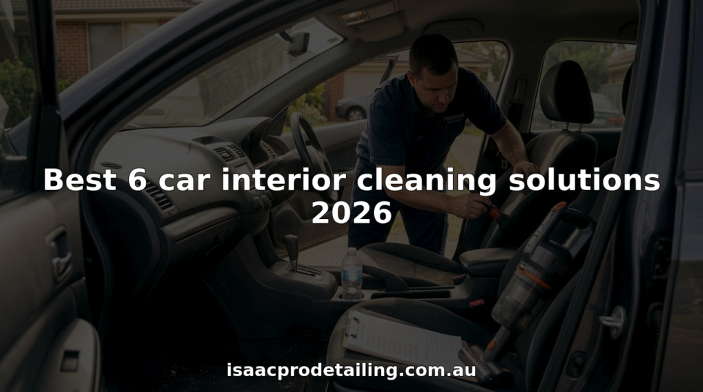 Car detailer cleaning sedan interior with brush