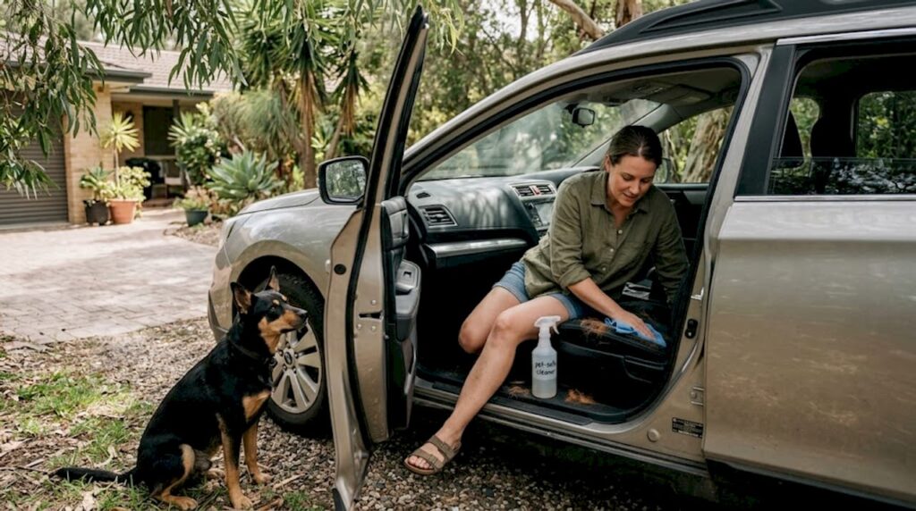 Woman cleaning car with dog nearby