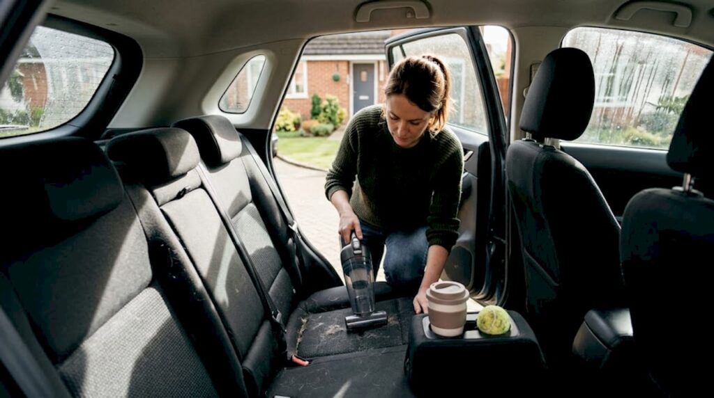 Woman vacuuming pet hair in car backseat