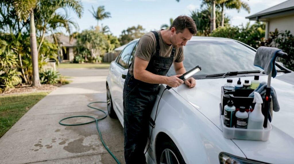 Detailer inspecting car paint for ceramic coating