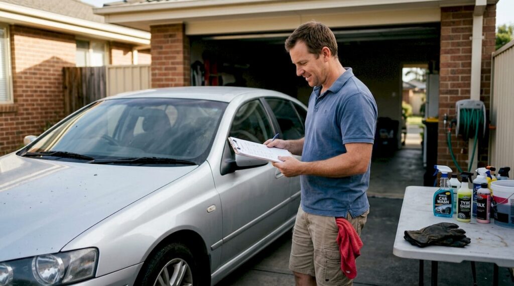 Auto detailer prepping car for polishing