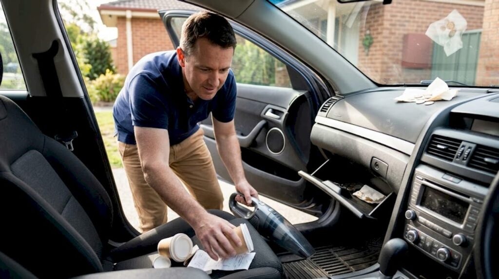 Man declutters and vacuums car interior